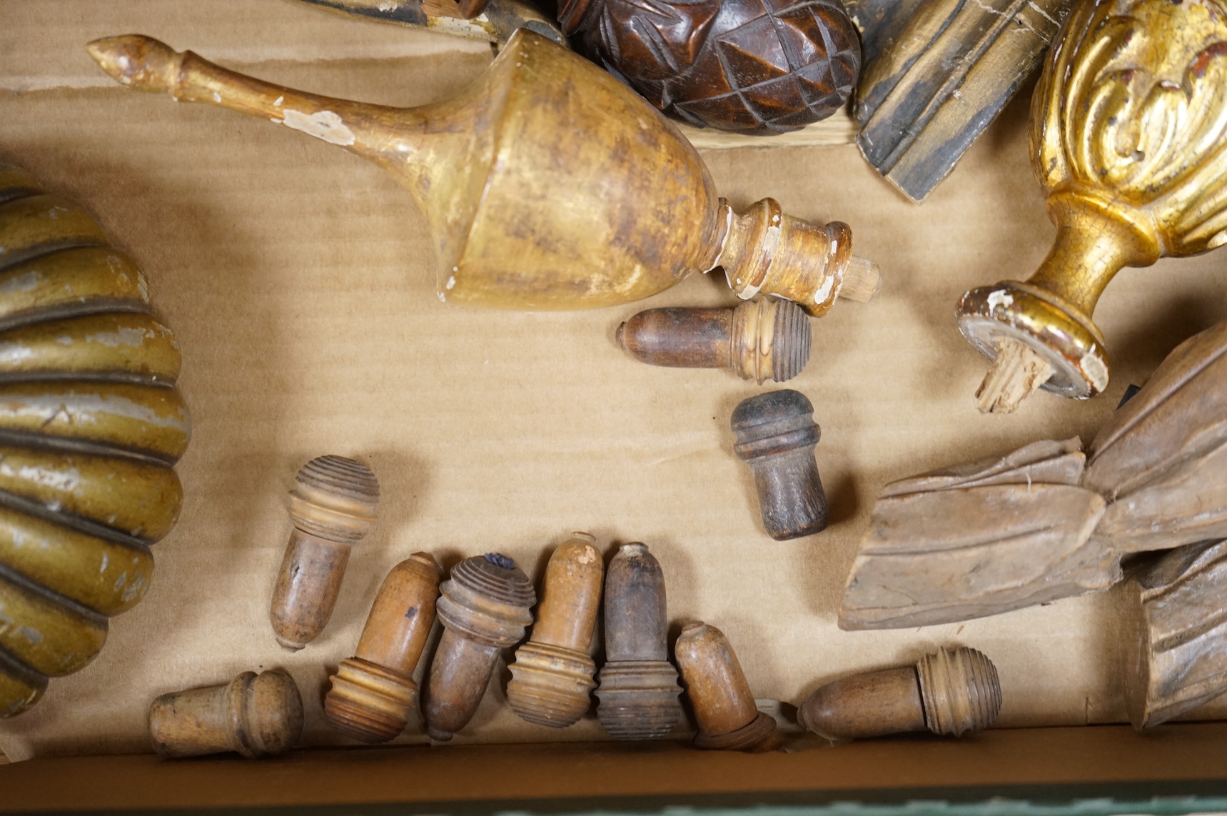 A collection of giltwood and wood ornamental carvings, etc.